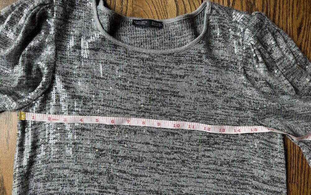 ZARA WOMEN'S HEATHER GRAY THIN KNIT LONG PUFF SLEEVE SEQUIN‎ MINI DRESS Sz Large - Picture 7 of 11